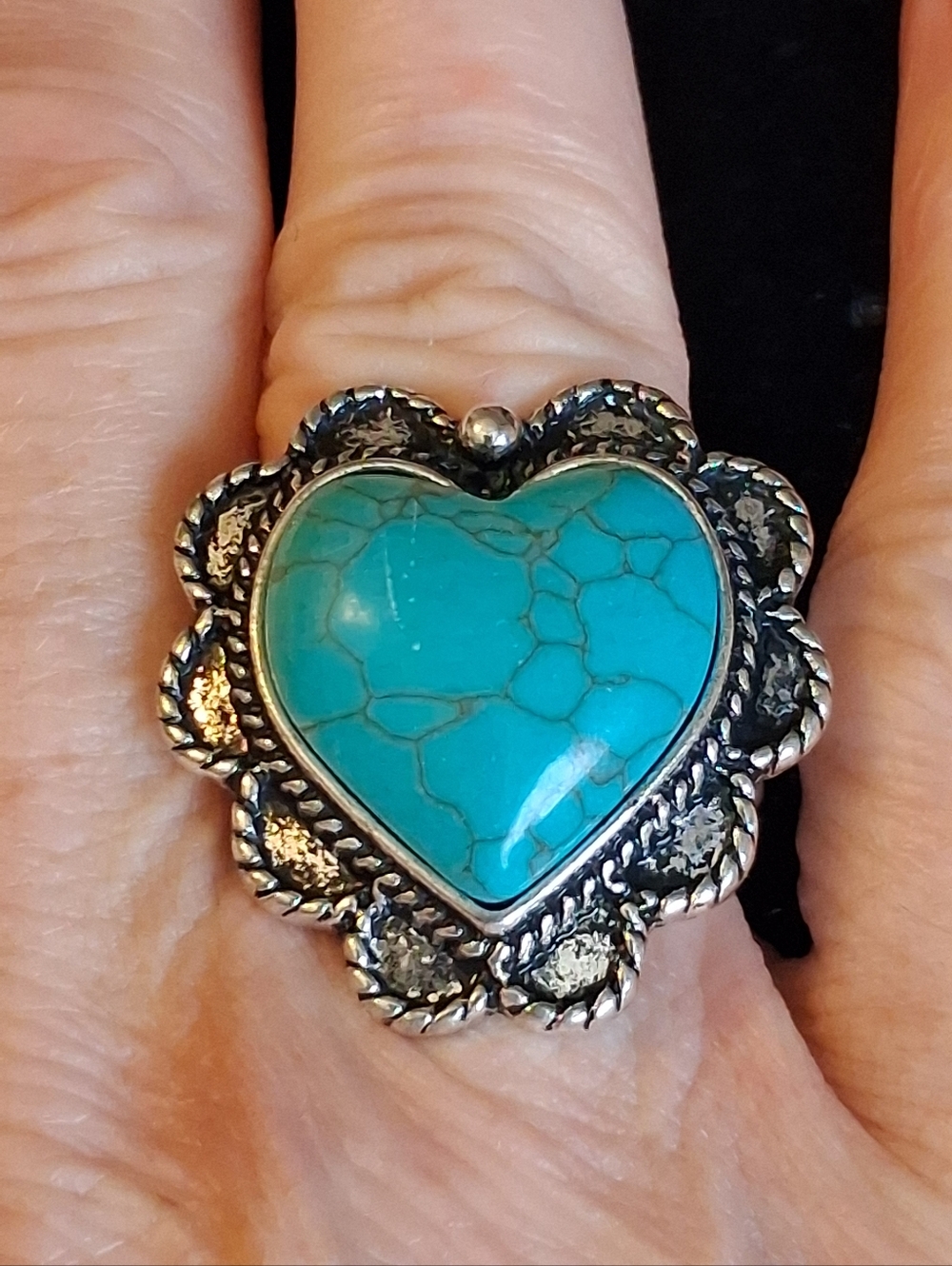 Paparazzi Faux Turquoise Heart Silvertone Ring - Blue Heart Statement Ring - Picture 3 of 6